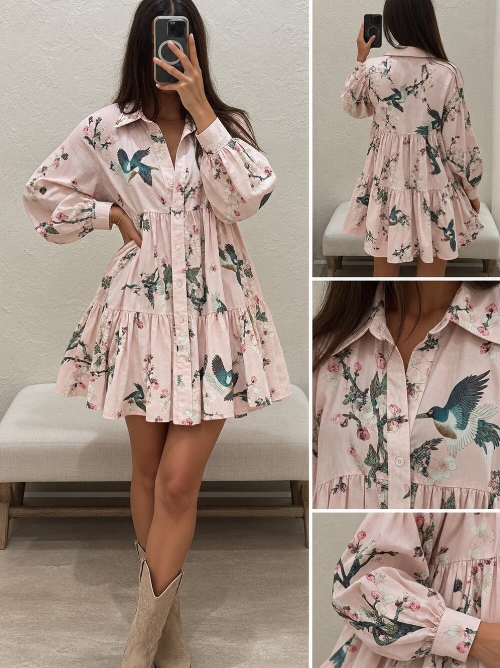 The bella mini Dress Floral Bird Print Tiered Shirt Dress